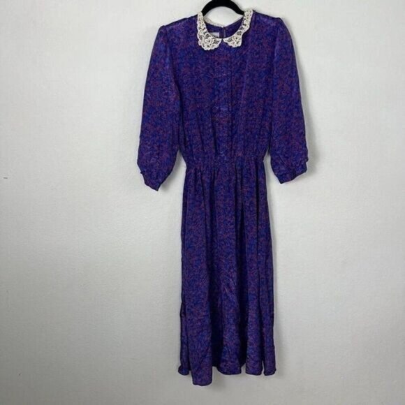 Jonathan Martin Vintage Prairie Midi Dress Purple Floral Pleated Bodice Lace